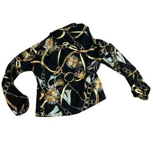 Vintage Chain & Clock Print Blouse with Cool Neckline- Hot & Gorgeous! Medium